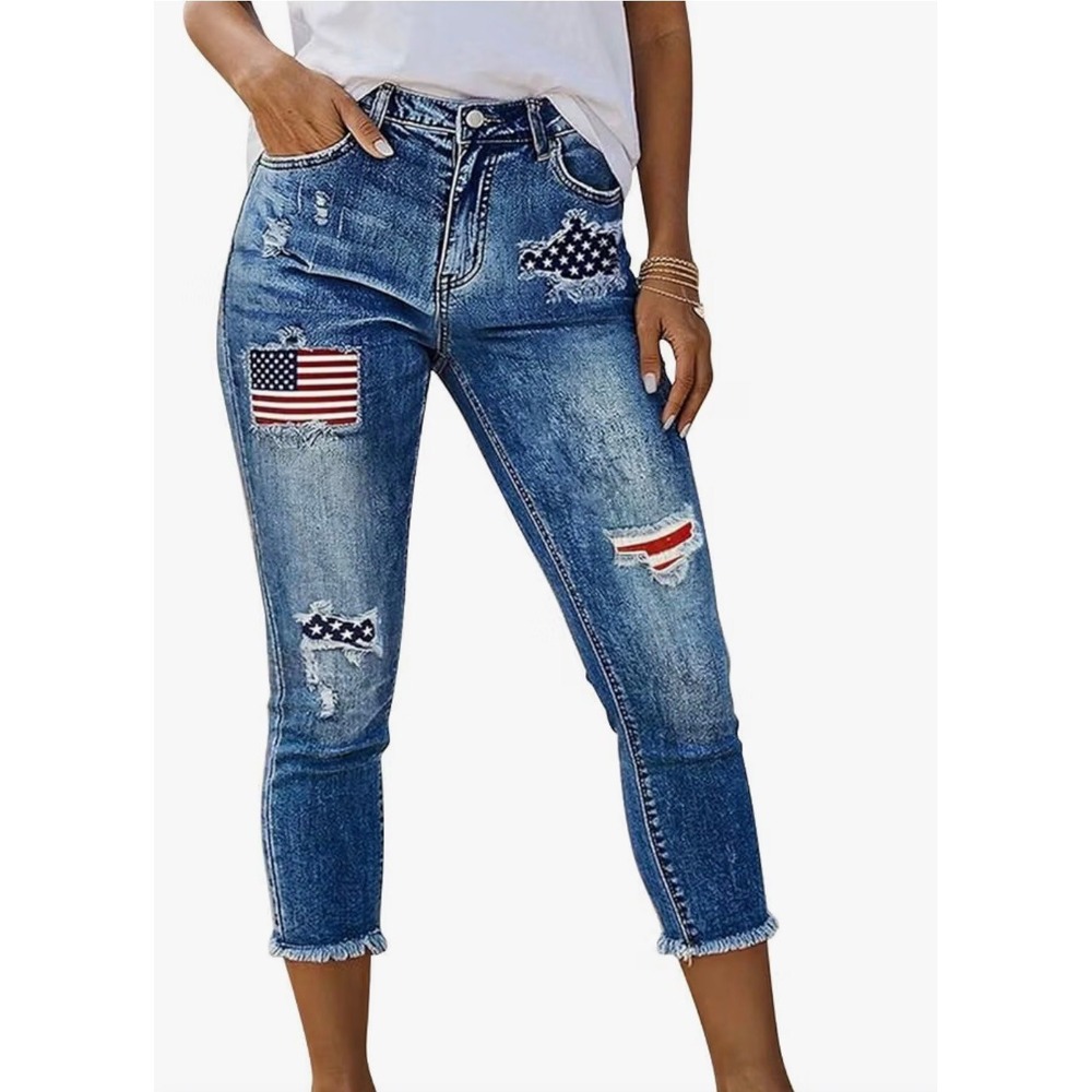 Flamingals Womens Mid Rise Capri Skinny Jeans American Flag Raw Hem M NWT